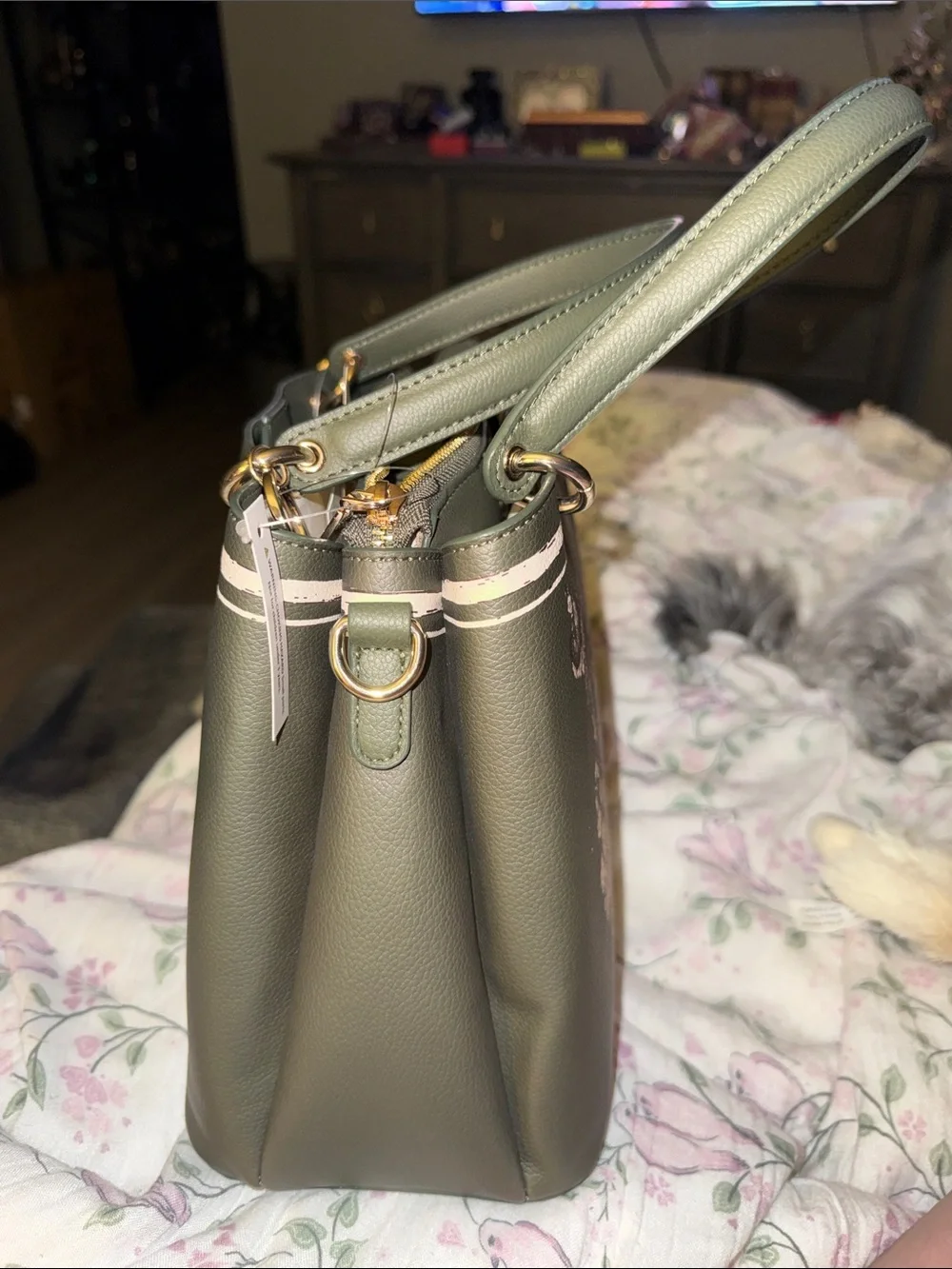 Anne Klein Olive Green Floral Satchel with Pink Accents